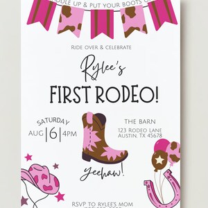 First Rodeo Birthday Invitation Printable - Girls Birthday - Cowgirl Birthday Invitation - Pink Rodeo Birthday Invitation Editable Template