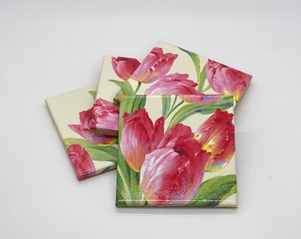 Handmade Coasters  - Decoupage Tile Coasters - Tile Coasters - Coasters for Drinks - Ceramic Coasters - Coasters - Flowers - Tulips- Spring