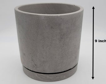 9" Concrete Pot and Saucer Set | Modern & Minimalist Cement Flower Pot | Pot Holder | Cylinder Cement Planter | Matte Gray