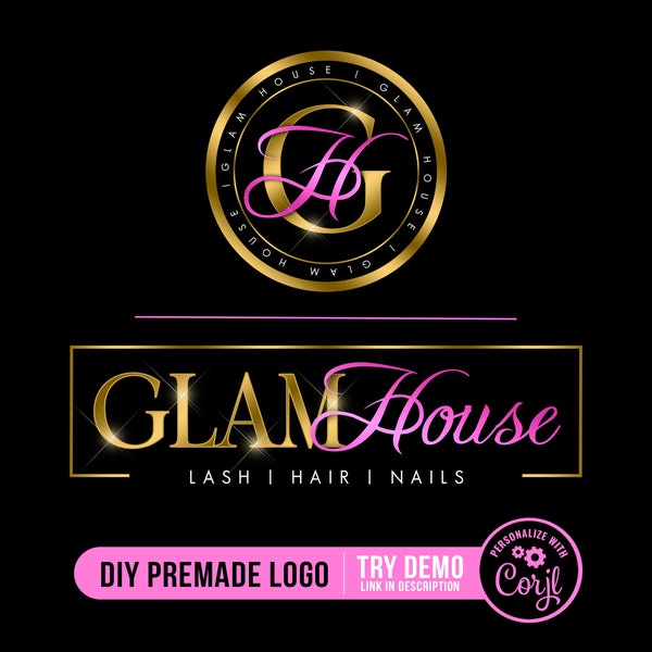DIY Beauty Logo Set, Beauty Logo Design, Hair Logo, Boutique Logo, Lash Logo, Premade Logo, Feminine Logo, Pink and Gold Beauty Logo