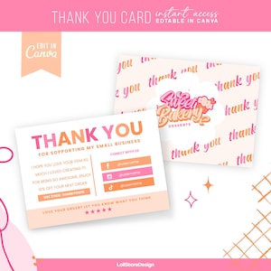 Bedankkaartsjabloon, bewerkbaar in canvas, kleurrijk visitekaartje, roze en oranje premade bedankkaart, leuk helder bohokaartontwerp