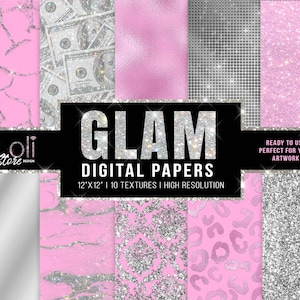 Carte digitali glamour rosa e argento, texture glamour argento e rosa, glitter rosa senza soluzione di continuità, 10 stili, download immediato, accesso immediato