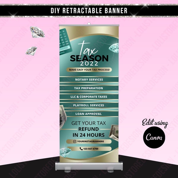 DIY Tax Season Retractable Banner,  Tax Services Retractable Banner, Tax Refund Banner, Tax Preparation,  Tax and Credit Repair Banner