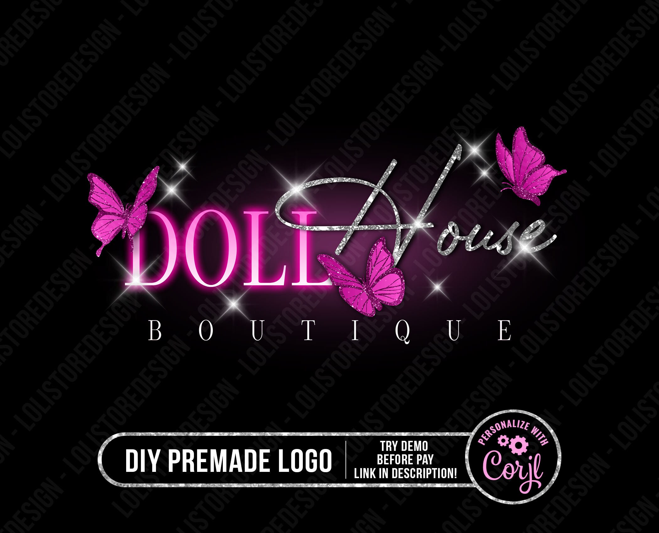 DIY Pink Boutique Logo, Glitter Fashion Logo, Pink Glam Beauty Logo,  Premade Logo, Lash Logo, Nails Logo, Hair Logo, Butterfly Logo 