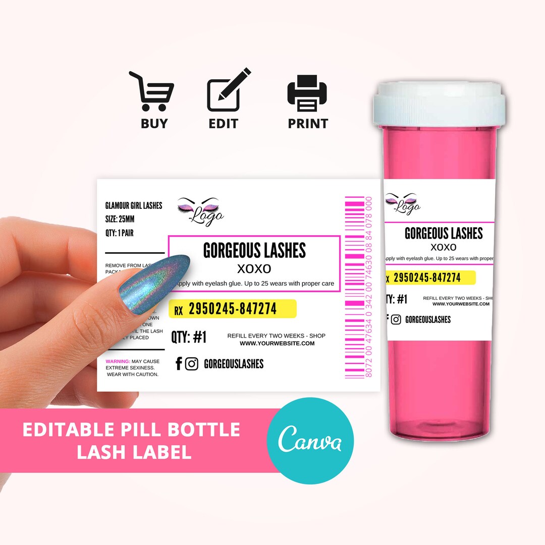 Editable Pill Bottle Lash Label, Prescription Bottle Label, Sticker