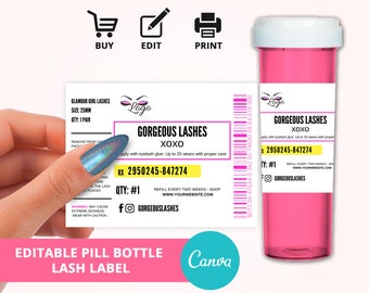 Editable Pill Bottle Lash Label, Prescription Bottle Label, Sticker Eyelash Labels, Prescription labels for eyelash