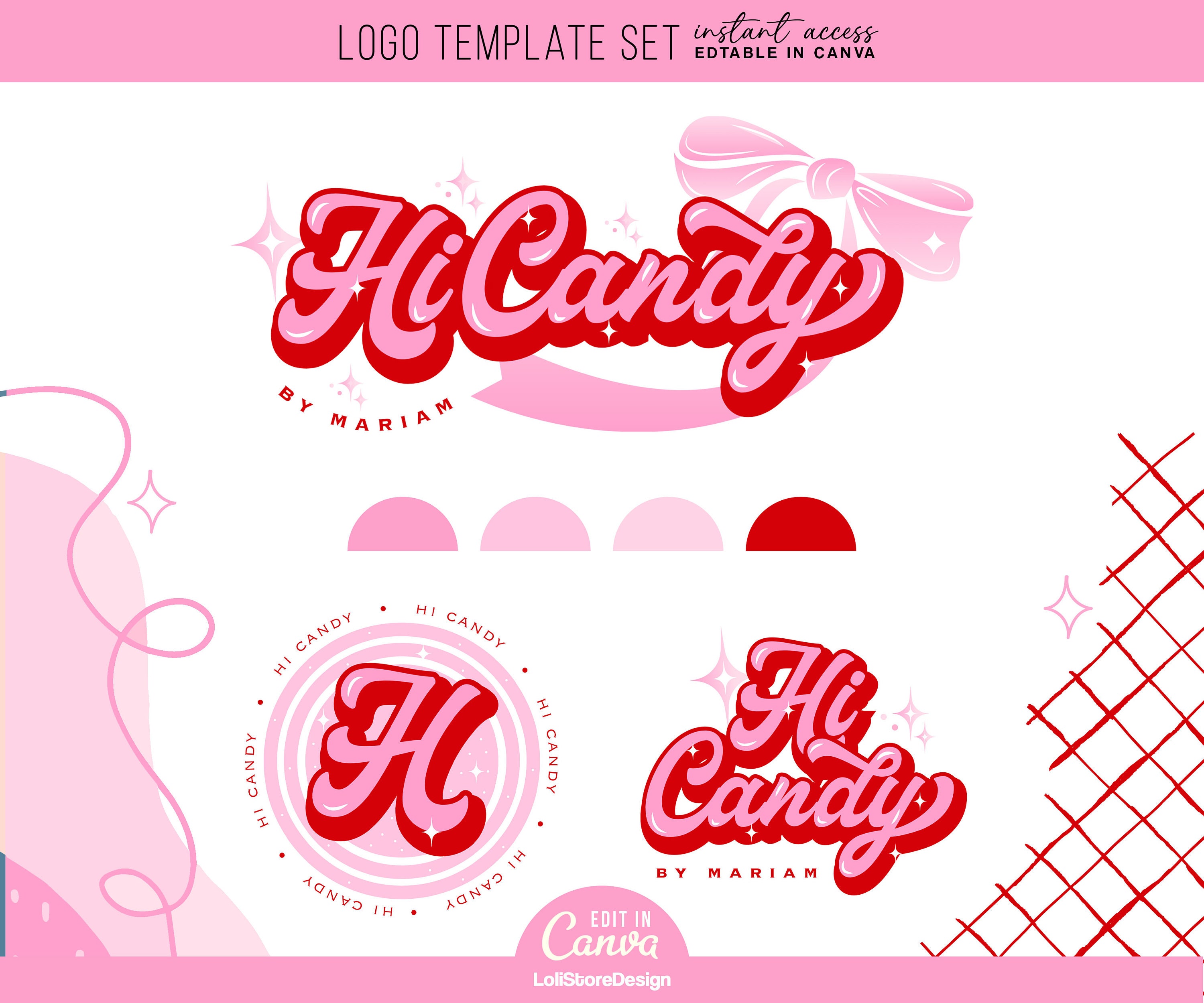 Retro Logo Design Template, Editable in Canva, Colorful Small Business Logo, Pink and Red Premade Logo, Fun Bright Boho Logo Design