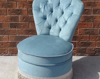 1970'S velour bedroom dressing table chair, deep buttoned, sky blue with grey fringe.
