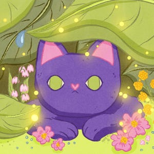 May include: A digital illustration of a purple cat with large green eyes and a pink nose, resting under large green leaves. The scene includes small pink flowers, yellow clusters of blossoms, and glowing yellow fireflies scattered throughout.