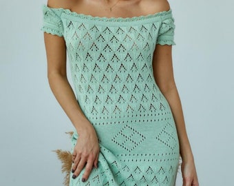 Sage Green Cotton Summer knit midi dress for women, off-the-shoulder midi dress summer, mint Boho midi dress for summer, Knit Beach dress