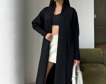 Black Long Wool Cardigan without Closure, Black Knit Cardigan Coat for Women, Classic Knit cardigan womens