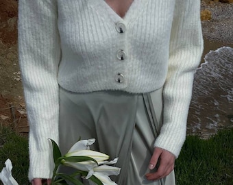 White Cotton Knit Cropped Cardigan, Button Front