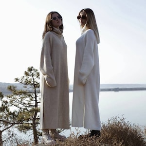 White knit sweaterdress midi length with turtleneck, Knit oversized sweater dress for women, knit cotton dress with ling sleeves oversize