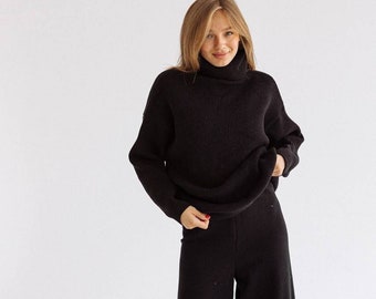 Black Oversized Pullover sweater Turtleneck, Warm sweater for women, Black Knit Pullover sweater for Women, Black Warm Knit Sweater