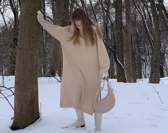 Beige knit sweaterdress for women, chunky knit dress midi with side slits, Knitted long dress of oversized fit, Cotton Knit Dress Minimalist
