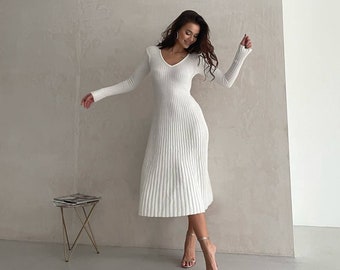 White Midi Ribbed Knit Dress with Long Sleeves, Casual Spring Dress for Women, White Midi Knit Flare Dress
