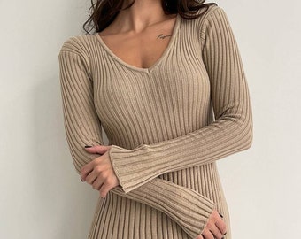 Beige Midi Ribbed Knit Dress with Long Sleeves, Casual Spring Dress for Women, Camel Brown Midi Knit Flare Dress