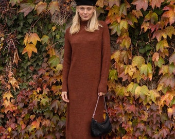 Robe pull en tricot marron pour femmes, Robe longue en tricot surdimensionnée pour femmes, Robe pull en tricot de laine décontractée midi