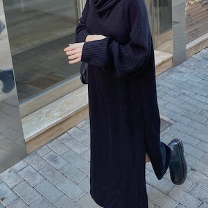 Black knit sweaterdress for women, chunky knit dress midi with side slits, Knitted long dress of oversized fit, Cotton Knit Dress Minimalist
