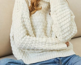 White Turtleneck Knit Sweater, Lightweight Airy Fabric