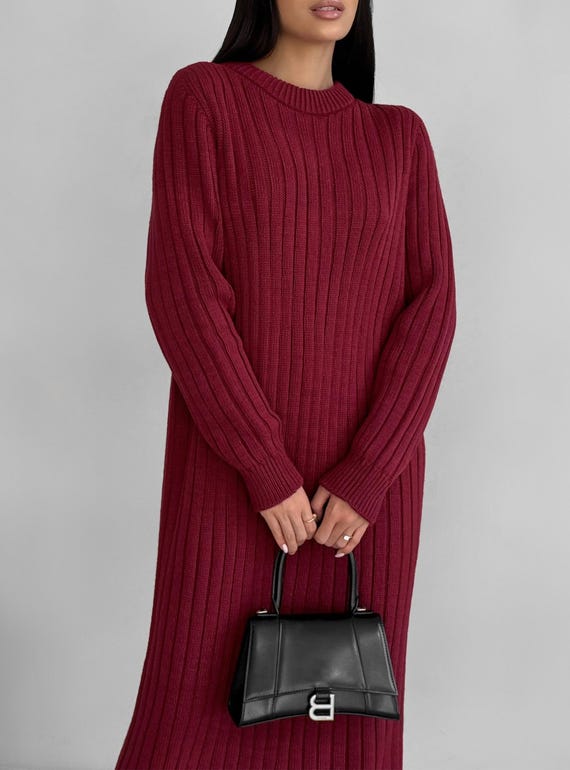 Robe midi en tricot bordeaux pour l'automne, robe modeste d'hiver