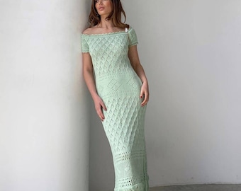 Cotton Summer knit midi dress for women, off-the-shoulder midi dress summer, mint Boho midi dress for summer, Knit Beach dress