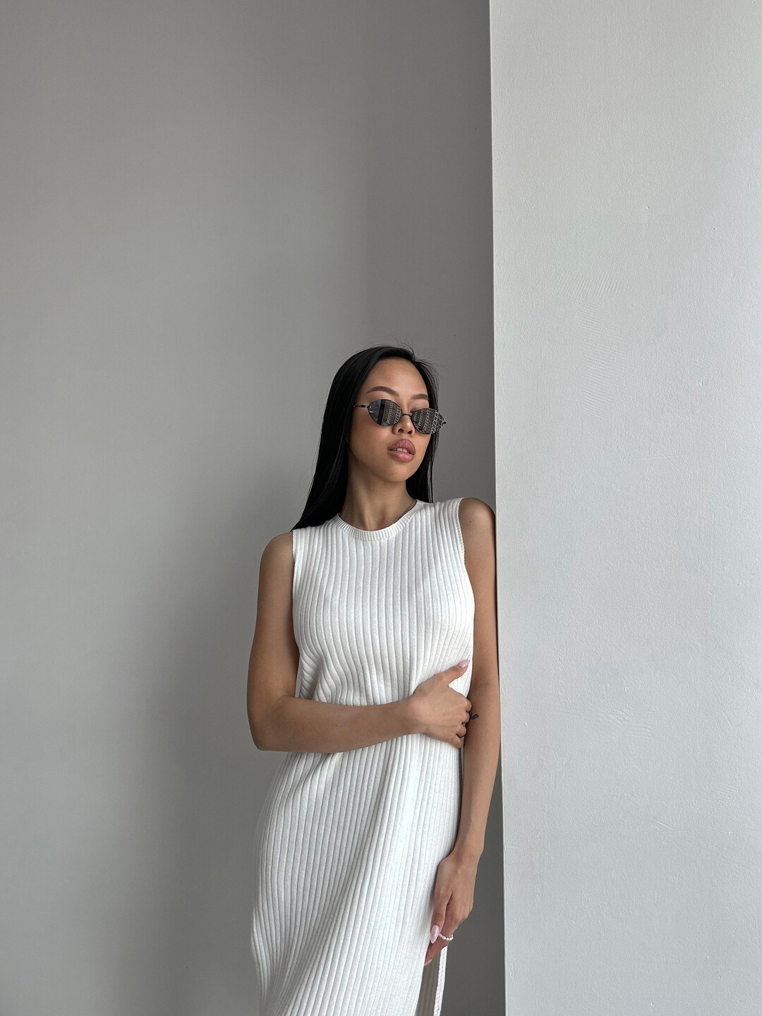 Midi Summer Dress Women Cotton Lightweight, Sleeveless, White