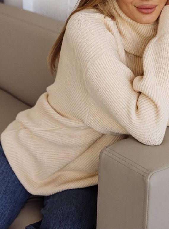Beige Oversized Knit Turtleneck Sweater, Women's Warm Pullover - Etsy