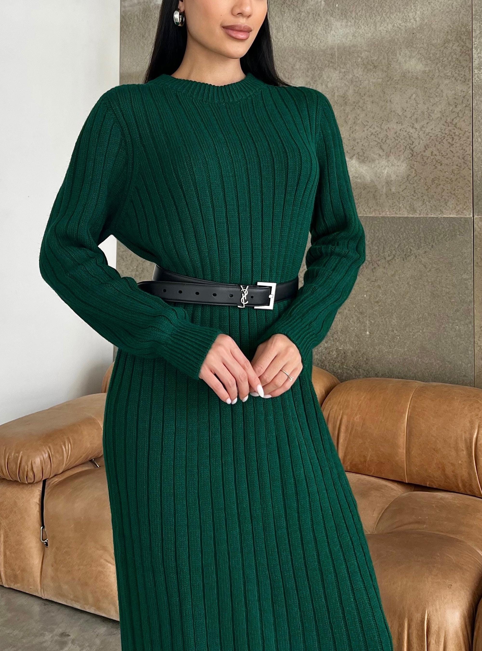 womens emerald green sweater dress Emerald Green Knitted Sweater Dress: Pleated A-line Midi With Belt