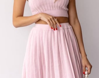 Dusty Pink Knit Skirt Set, Pleated Mini Skirt and Crop Top