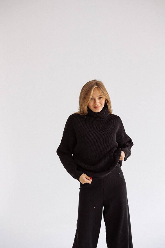 Sueter de gran tamano negro Cuello alto Sueter calido para mujer Sueter de punto negro para mujer Sueter de punto calido negro Etsy Espana
