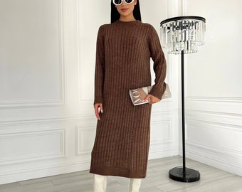 Brown knit Midi Dress for Fall, Winter Womens, Minimalist Knit Sweaterdress Womens, brown Knit Midi Dress autumn