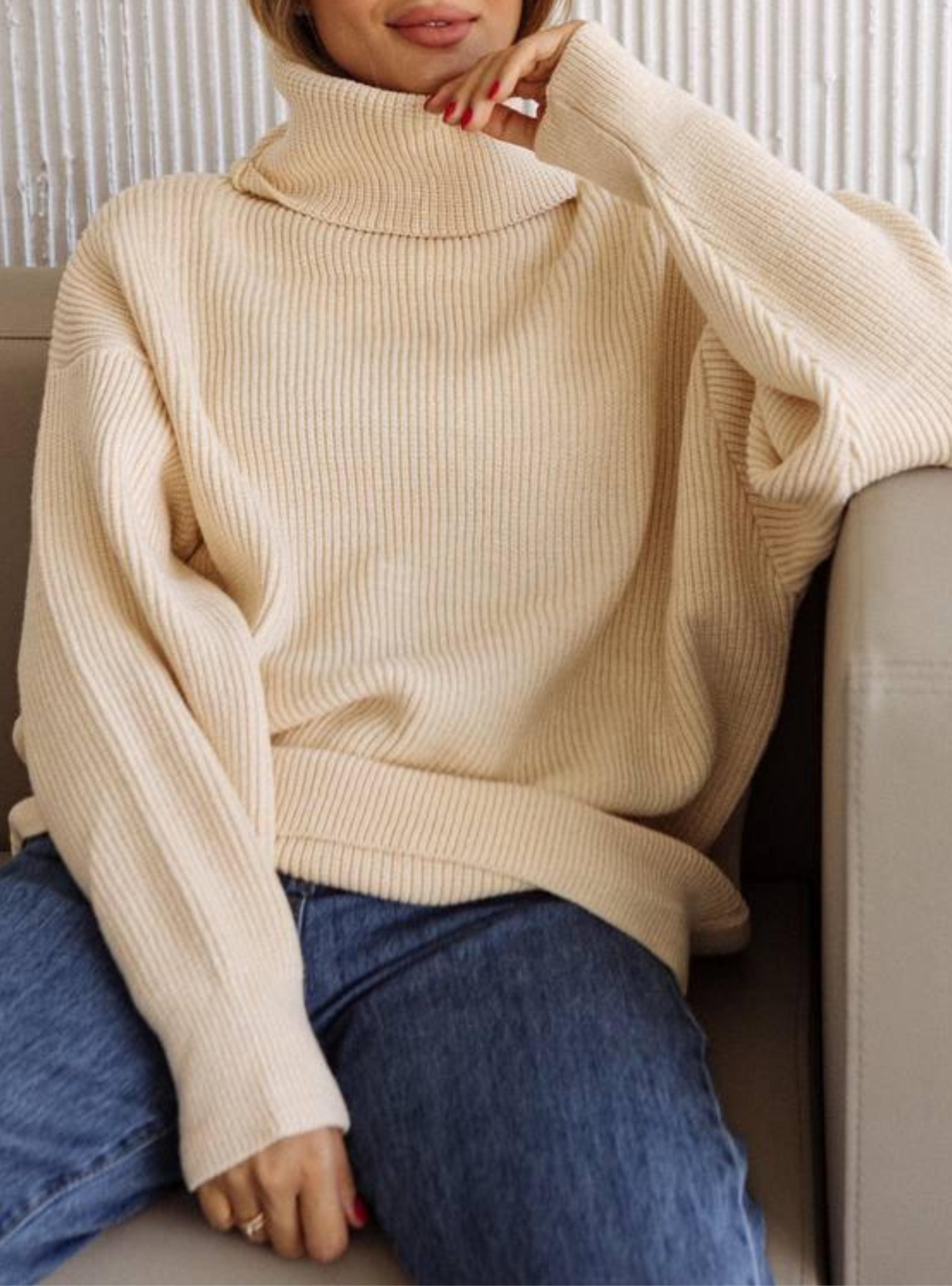 Beige Oversized Knit Turtleneck Sweater, Women's Warm Pullover - Etsy