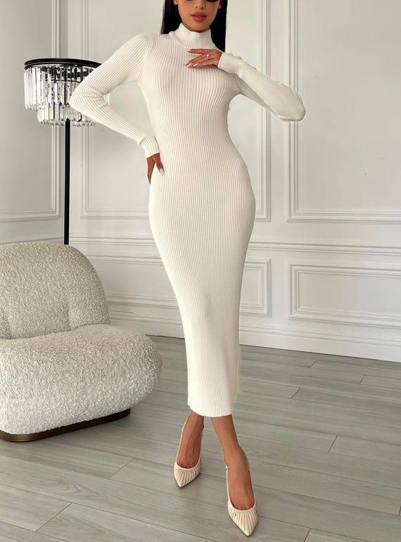 White Ribbed Knit Open Back Midi Dress, Bodycon Long Sleeve - Etsy