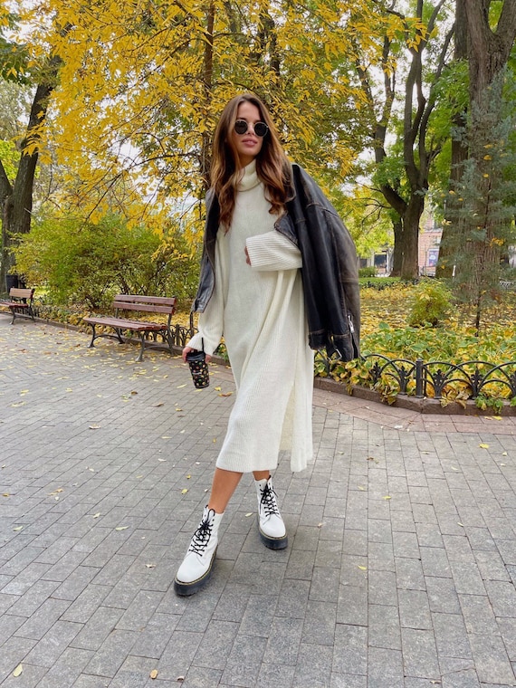 White Knit Turtleneck Sweater Dress, Cotton Blend, Oversized Midi White Knit Turtleneck Sweater Dress, Cotton Blend, Oversized Midi