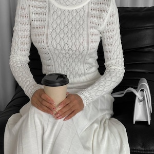 White knit hollow out dress for women, White Knit Lightweight Midi Dress, White Knit Dress with Pleated Skirt And Ajour Top