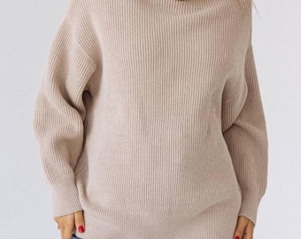 Knit Turtleneck Oversized Pullover Sweater, Women's Warm Knitwear