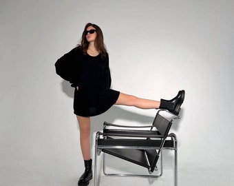 Schwarzer Baumwoll-Strickpullover für Frauen, langer übergroßer Pullover für Frauen, Baumwoll-Strickpullover für Damen, schwarzer Schulter-Pullover