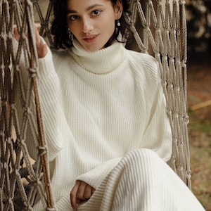 White knit sweaterdress midi length with turtleneck, Knit oversized sweater dress for women, knit cotton dress with long sleeves oversize