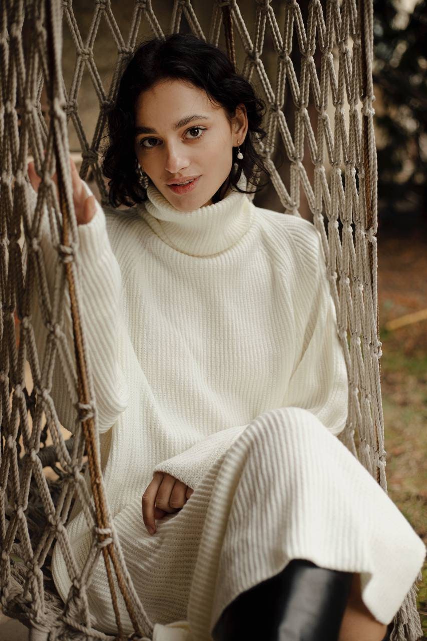 White Knit Turtleneck Sweater Dress, Oversized Cotton Blend