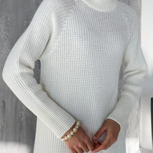 White Knit sweaterdress for women, Knit oversized wool dress midi, Warm knit sweater dress for women, White Knit Wool Midi Dress Winter