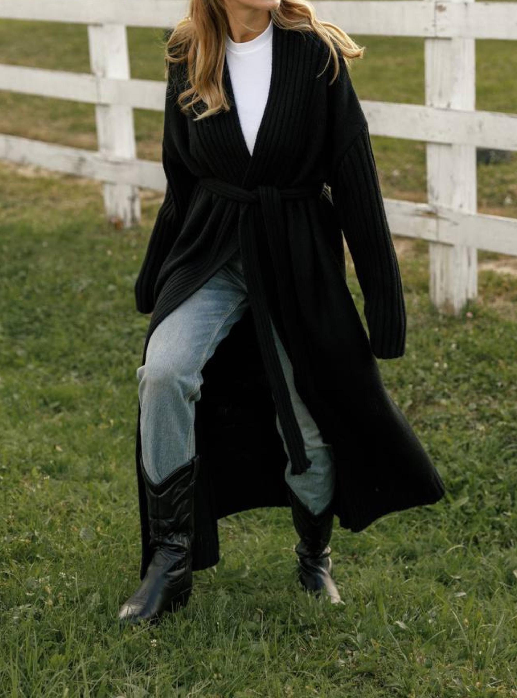 Black Long Wool Cardigan Without Closure, Black Knit Cardigan Coat