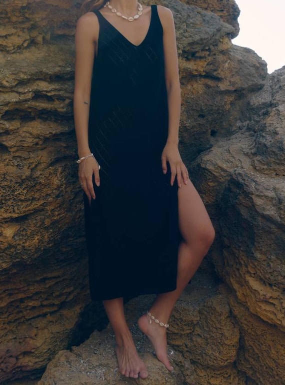 Black Knit Midi Beach Dress, Cotton Blend Tunic