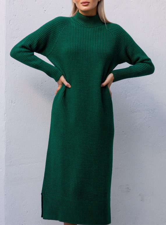 Emerald Knit sweaterdress for women, Knit oversized wool dress midi, Warm  knit sweater dress for women, Green Knit Wool Midi Dress Winter