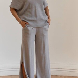 Knit Cotton Summer Pantsuit for Women, Knit Lounge wear suit for Women, Light Grey Knit Pants Set Relaxed fit, Casual Summer Cotton Suit