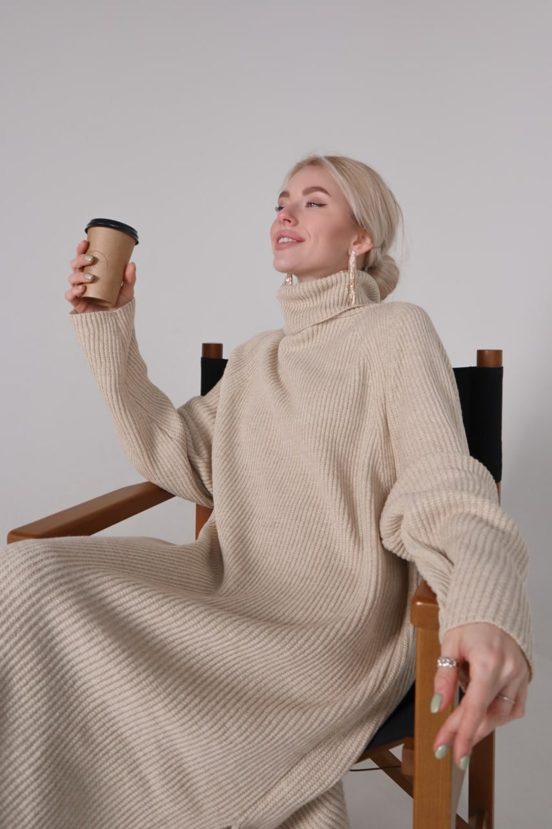 knee length dresses for ladies Cream Too Cute Turtleneck Sweater Midi Dress – Aquarius Brand