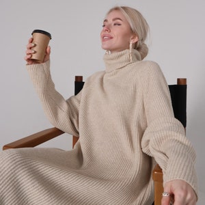 Beige knit sweaterdress midi length with turtleneck, Knit oversized sweater dress for women, knit cotton dress with long sleeves oversize