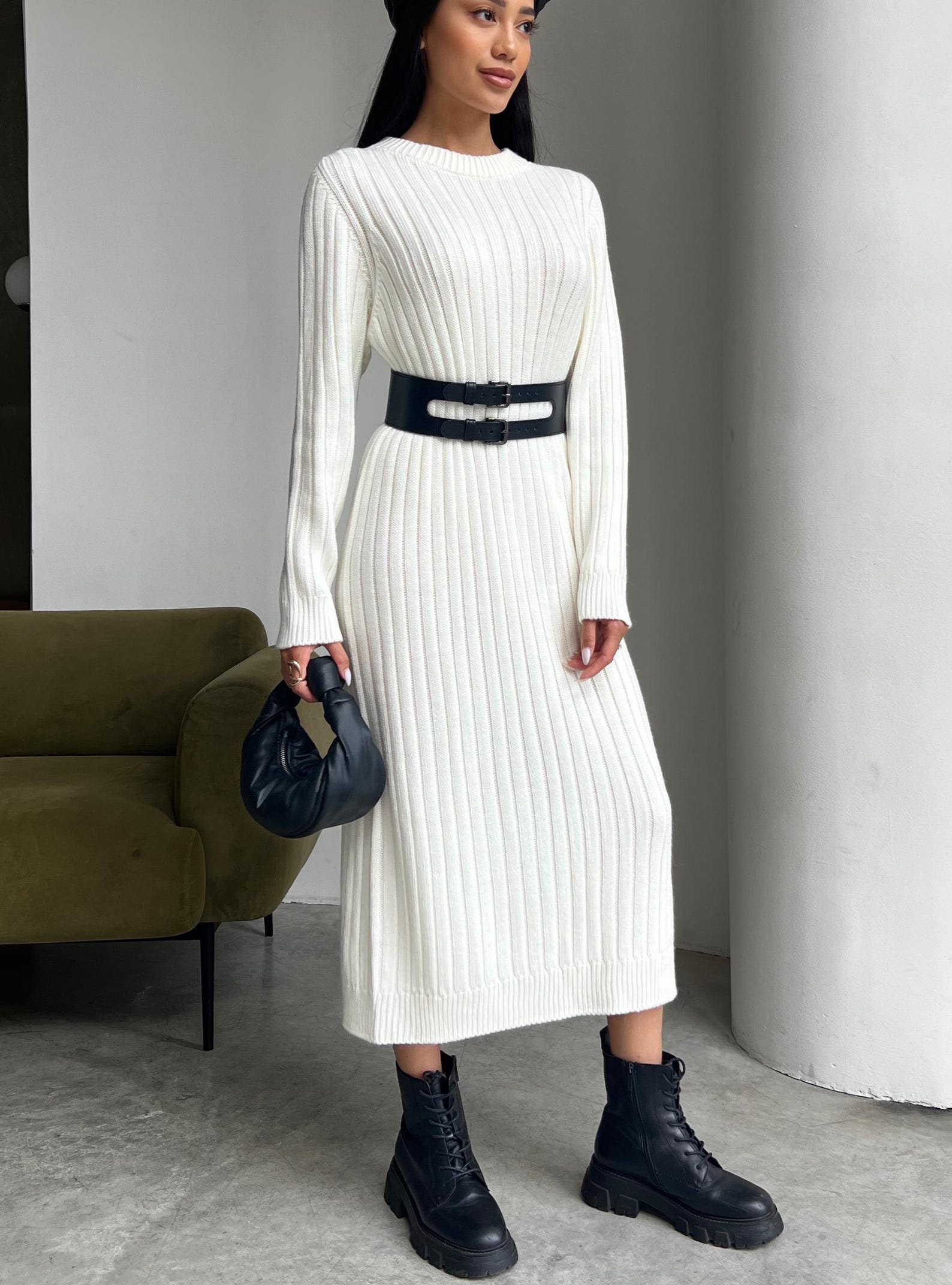 Blue And White Gradient Women Knit Midi Dress