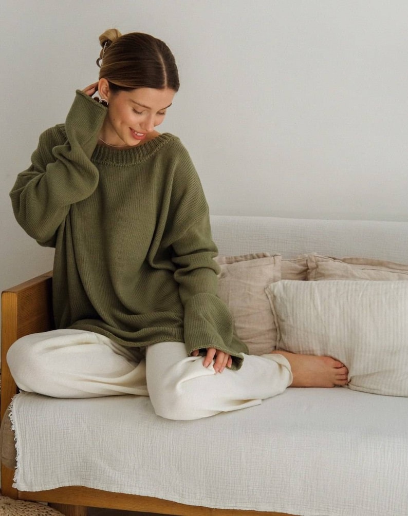 Olive Green Cotton Knit Oversized Pullover Sweater image 1