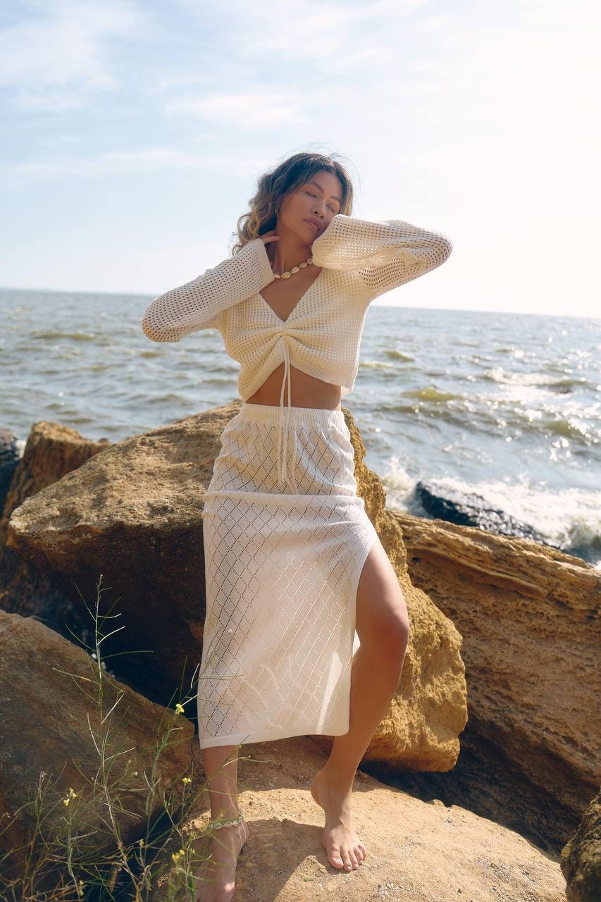 White Knit Skirt Set, Long Sleeve Crop Top, Boho Summerwear - Etsy